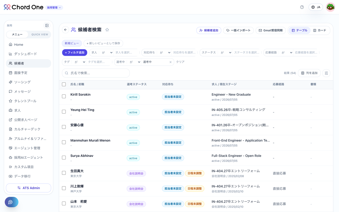 ChordOne ATS の候補者検索画面。フィルタで求人・対応待ち・ステータス・応募経路を絞り込み、候補者ごとの選考ステータス・対応待ち・現在ステージ・応募経路を一覧表示